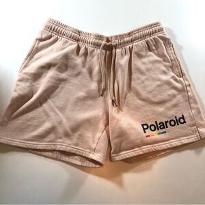 Polaroid Camera Tan Shorts with Logo Women’s M, Pockets, Elastic Waist, Cotton